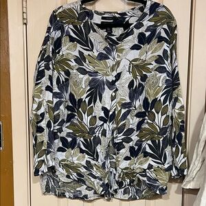 Tahari 100% linen Leaf Print Button-Up Blouse 1x